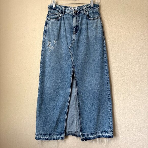 Zara Dresses & Skirts - Zara Distressed Released Hem Front Slit Denim Blue Jean Midi Skirt